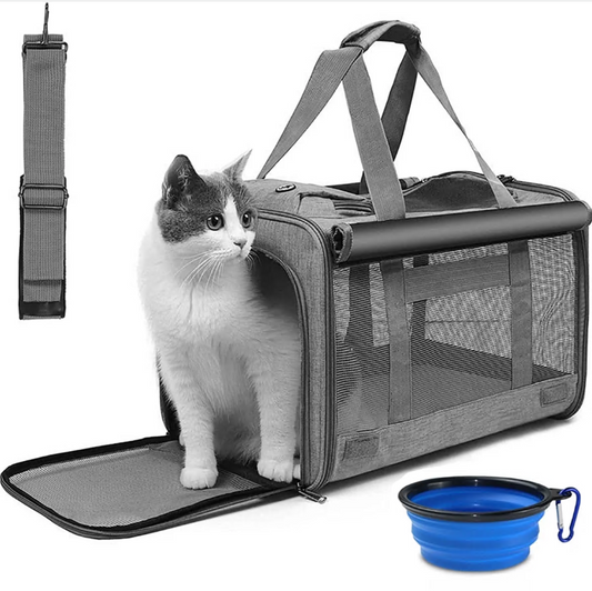 CSD0100CC0000GY Cat Carrier, Large Cat Carrier for Small Medium Dogs Cats, Foldable Soft-Sided Cat Carriers under 25lbs with a Bowl, Mat, Travel Car Cat Carries for Outdoors, TSA Airline Approved