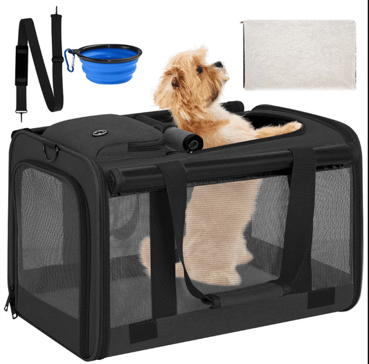 CSD0200CC0000BK Cat Carrier, Cat Carriers for Large Cats up to 25LB, large Cat Carrier with a Bowl, Soft Sided Carrier with 2 Side Roller Blinds for Pet Cat Kitten Small Dog Puppies Airline Approved, Black