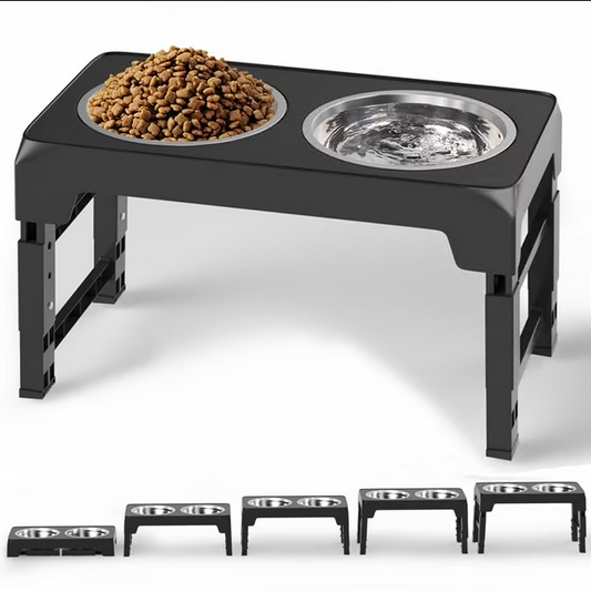 CSD02PDRB0000BKElevated Dog Bowls Stand with 2 Thick 42oz Stainless Steel Dog Food Bowls, Raised Dog Bowls 5 Heights Adjustable for Small Medium and Large Dogs, Cats