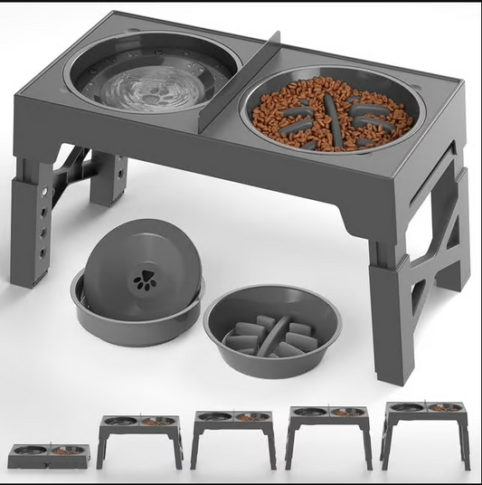 CSD04PDRB0000GY 2-in-1 Elevated Dog Bowls Slow Feeder, 5 Height Adjustable Raised Dog Bowl Stand No Spill Dog Water Bowl Dispenser, Anti-Slip Dog Food and Water Bowl for Small Medium Large Dogs, Cats and Pets