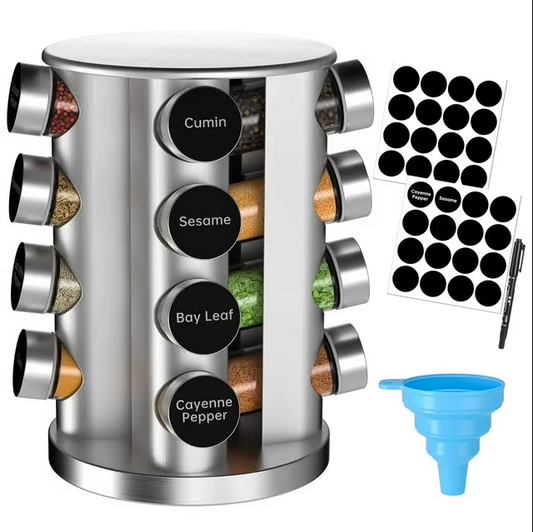 CSD01RSRO0000SR16 Jars Revolving Spice Rack Organizer, Seasoning Spice Rack for Countertop/Cabinet/Kitchen Storage, Rotating Stainless Steel Spice Tower Organizer with 32 Spice Labels, 1 Pen and 1 Funnel