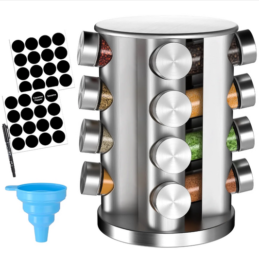CSD02RSRO0000SR Rotating Spice Rack with 16 Seasoning Jars, Revolving Spice Organizer Stainless Steel for Countertop/Kitchen Storage, with Reusable Labels, Funnel and Pen Set