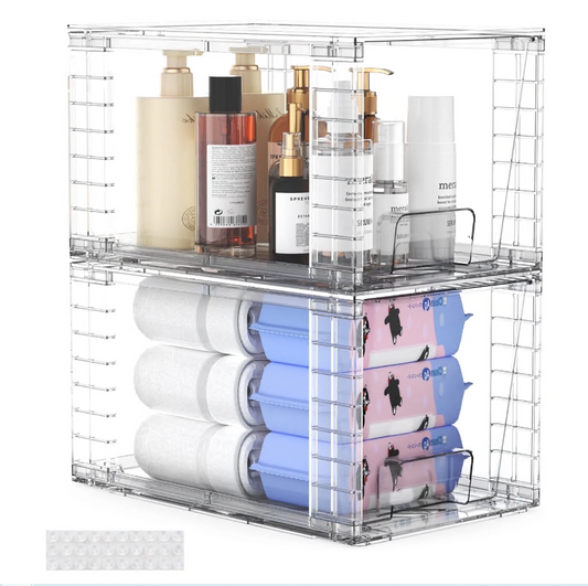 CSD02CSSD002PCSStackable Storage Drawers, Large 2 Pack, Easily Assemble Acrylic Bathroom Closet Undersink Organizers and Storage, Plastic Storage Bins for Kitchen Cabinets, Pantry, Makeup Organization