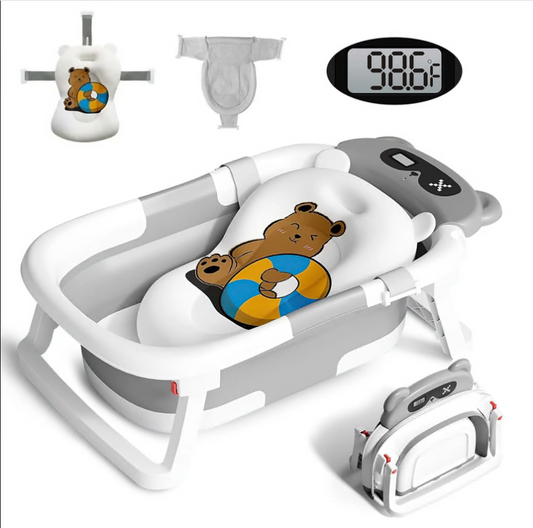 CSD02CBBT0000GYBaby Bathtub, Collapsible Newborn Bathtub for Infant to Toddler 0-36 Months with Soft Cushion+Baby Tub Sling and Thermometer, Portable Travel Bathtub, Foldable Infant Bathtub with No-Slip Feet, Grey