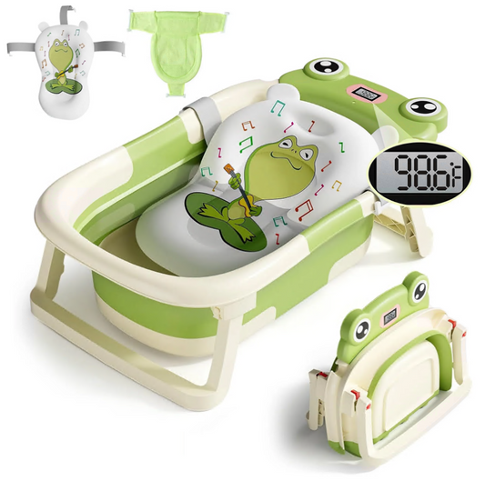 CSD02CBBT0000GN Baby Bathtub, Collapsible Newborn Bathtub for Infant to Toddler 0-36 Months with Soft Cushion+Baby Tub Sling and Thermometer, Portable Travel Bathtub, Foldable Infant Bathtub with No-Slip Feet, Green