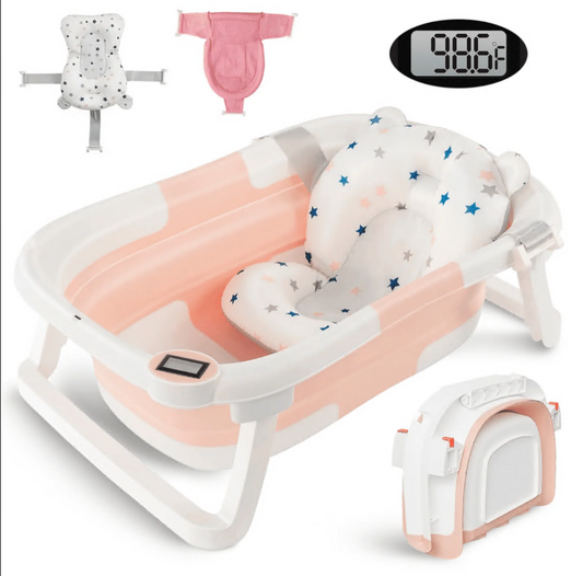CSD02CBBT0000PK Baby Bathtub, Collapsible Newborn Bathtub for Infant to Toddler 0-36 Months with Soft Cushion+Baby Tub Sling and Thermometer, Portable Travel Bathtub, Foldable Infant Bathtub with No-Slip Feet, Pink