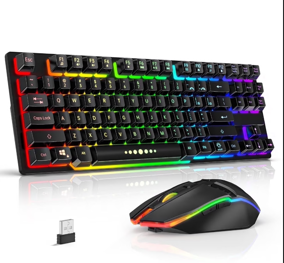 CSD01WRGBKM99BK Wireless Keyboard and Mouse, 87 Keys Mechanical Feel Keyboard Mice Combo, Anti-Ghosting Ergonomic Rechargeable W/ 2.4G Wireless Receiver, RGB LED Backlight for Windows Computer PC Gamer