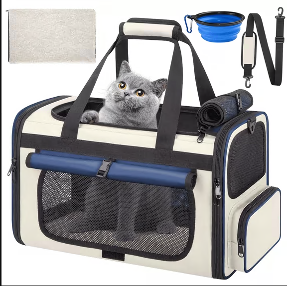 CSD0100CC0H01BU CshidWorld Collapsible Cat Carrier Pet Carrier for Large Cats (up to 25lbs), TSA Airline Approved Cats Carrier Soft Sided, Small Dog Travel Bag with a Bowl/Safety Leash-Blue
