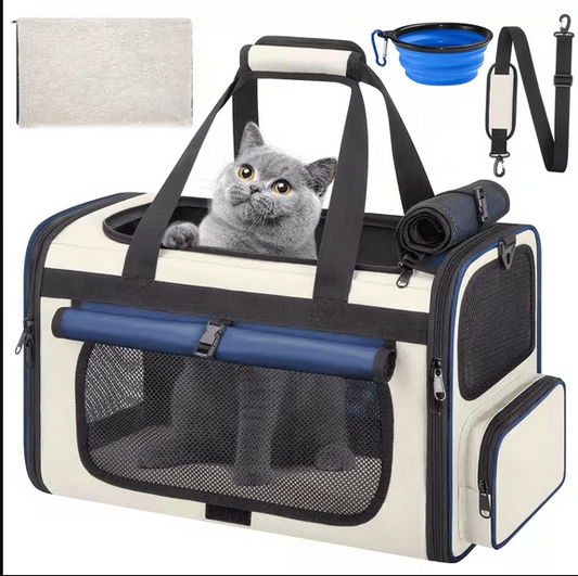CSD0100CC0H01BU CshidWorld Collapsible Cat Carrier Pet Carrier for Large Cats (up to 25lbs), TSA Airline Approved Cats Carrier Soft Sided, Small Dog Travel Bag with a Bowl/Safety Leash-Blue