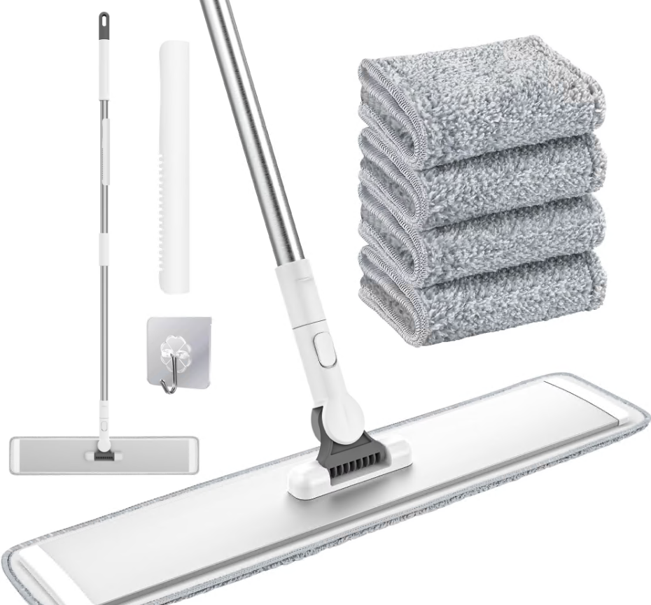 CSD02DMFF0000WH CshidWorld Dry Wet Dust Mop, Microfiber Floor Mop with 4 Washable Pads & Wall Hook, 55" Adjustable Handle for Hardwood, Tile, Marble Floors Cleaning (White)