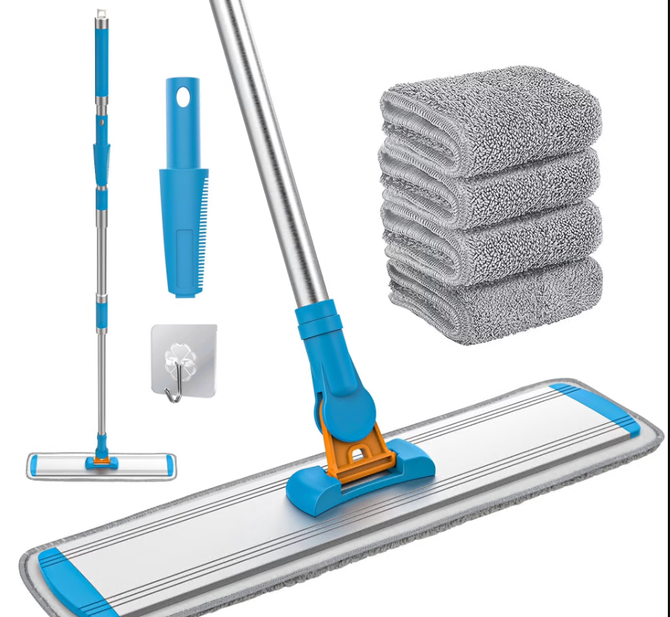 CSD01DMSJ2233BU CshidWorld Dust Mop for Floor Cleaning with 4 Washable Pads, 1 Wall Hook, Adjustable Handle 56”, Wet & Dry Microfiber Mop for Hardwood, Marble, Tile Floors, Blue