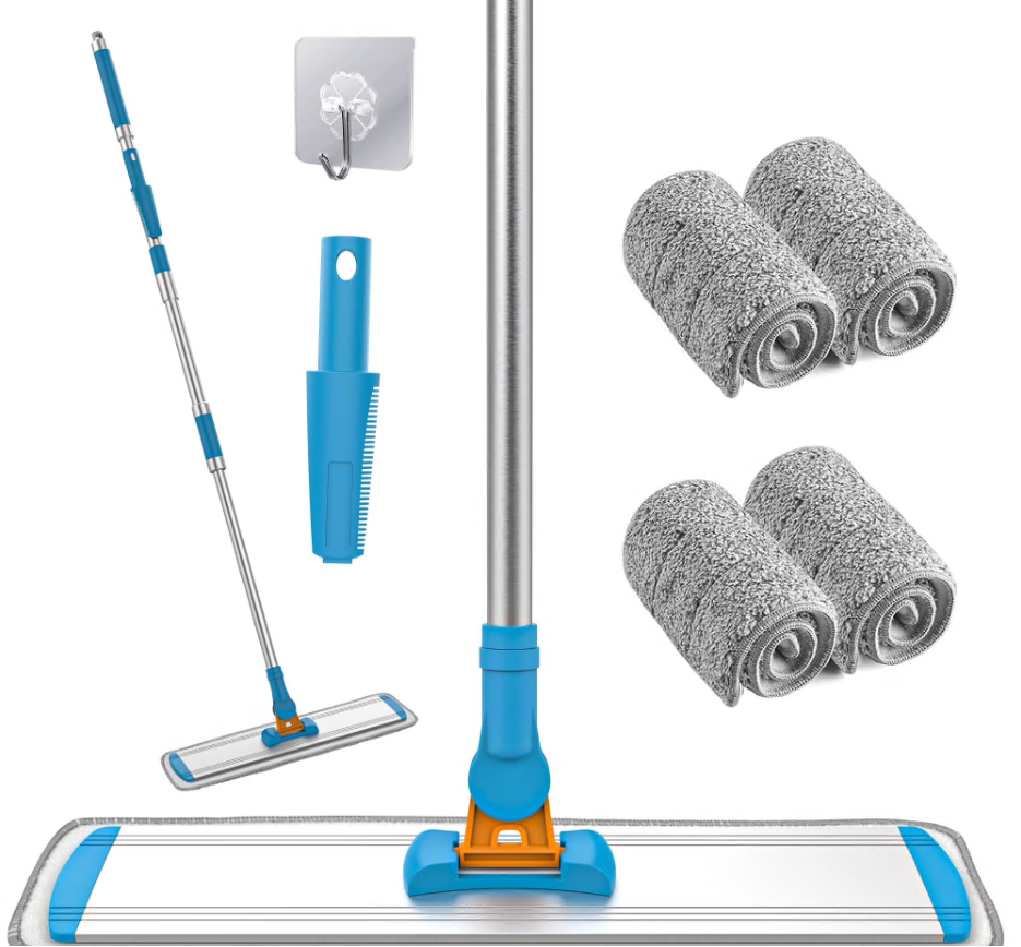 CSD02DMSJ2233BU CshidWorld Dry Wet Dust Mop, Microfiber Floor Mop with 4 Washable Pads & Wall Hook, 56" Adjustable Handle for Hardwood, Tile, Marble Floors Cleaning (Blue)