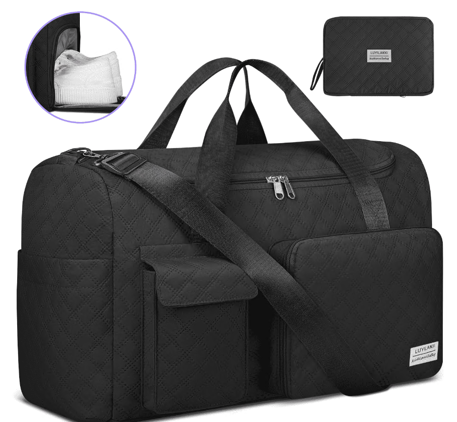 CSD01TDGB1808BK Travel Duffle Bag for Women Men, Foldable Weekender Bags Carry on Gym Bag with Wet Pocket/Adjustable Strap/Shoe Compartment, Waterproof Overnight Tote Bag for Plane Sports Dance, Black