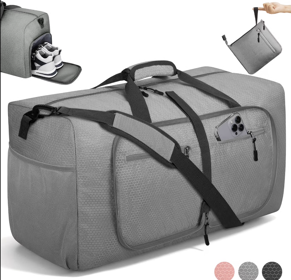 CSD01DBFB65L000GY 65L Large Duffle Bag for Travel - Foldable Men Women Duffel Bag with Shoes Compartment - Gym Overnight Bags Waterproof & Tear Resistant(Gray)