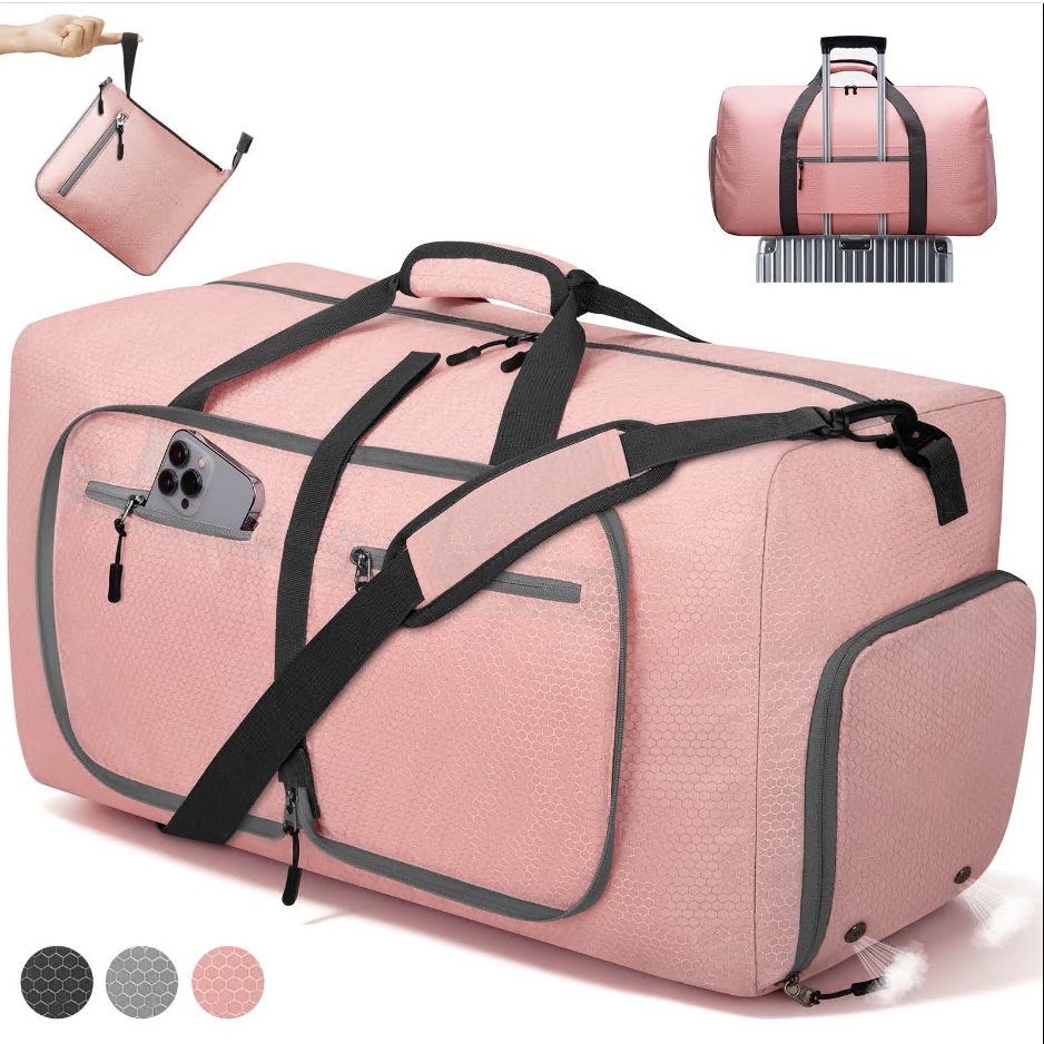 CSD02DBFB65L000PK 65L Large Durable Duffle Bag for Travel & Gym, Waterproof Tear-Resistant Duffel Bag with Shoes Compartment, Foldable Travel Bag for Men & Women (Pink)