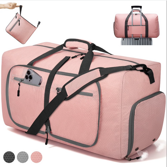 CSD02DBFB65L000PK 65L Large Durable Duffle Bag for Travel & Gym, Waterproof Tear-Resistant Duffel Bag with Shoes Compartment, Foldable Travel Bag for Men & Women (Pink)