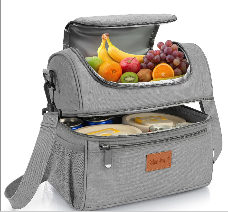 CSD01LBCF0028GY Insulated Lunch Box for Women Men, 18 Qt Dual Layer Leakproof Lunch Cooler Bag with Adjustable Strap & Multiple Pockets - Ideal for Work, Picnic, Travel, Gray