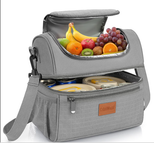 CSD01LBCF0028GY Insulated Lunch Box for Women Men, 18 Qt Dual Layer Leakproof Lunch Cooler Bag with Adjustable Strap & Multiple Pockets - Ideal for Work, Picnic, Travel, Gray
