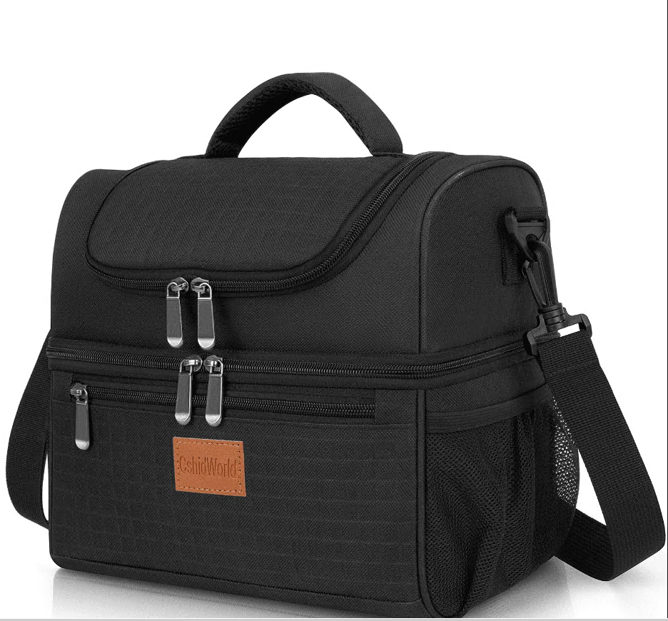 CSD01LBCF0028BK Insulated Lunch Box for Women Men, 18 Qt Dual Layer Leakproof Lunch Cooler Bag with Adjustable Strap & Multiple Pockets - Ideal for Work, Picnic, Travel, Black