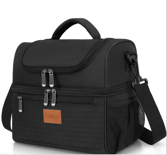 CSD01LBCF0028BK Insulated Lunch Box for Women Men, 18 Qt Dual Layer Leakproof Lunch Cooler Bag with Adjustable Strap & Multiple Pockets - Ideal for Work, Picnic, Travel, Black