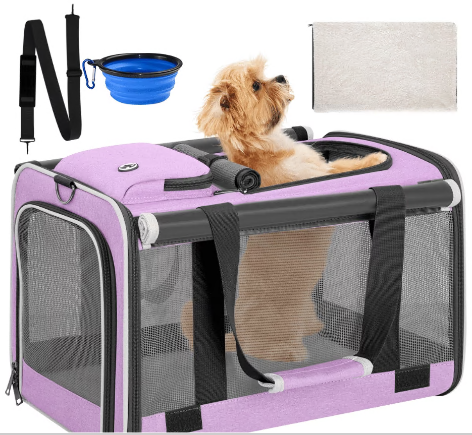 CSD0600CC0000GY CshidWorld Cat Carriers for Large Cats up to 25LB, Large Cat Carrier with a Bowl, Soft Sided Carrier with 2 Side Roller Blinds for Pet Cat Kitten Small Dog Puppies Airline Approved, Purple