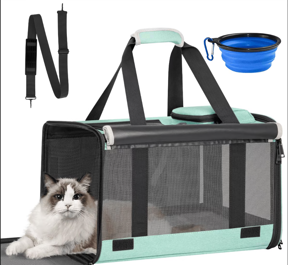 CSD0200CC0H02GY Cat Carrier, Large Cat Carrier for Medium Cats, Foldable Soft-Sided Cat Carriers under 25lbs with a Bowl, Mat, Travel Car Cat Carries for Outdoors, TSA Airline Approved,Green