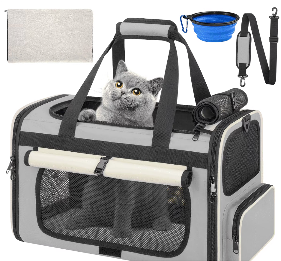 CSD02BPBC0626BU CshidWorld TSA Airline Approved Collapsible Cat Carrier for Large Cats and Small Dogs up to 25lbs, Soft-Sided Travel Dog Carrier (Beige-gary)