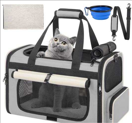 CSD02BPBC0626BU CshidWorld TSA Airline Approved Collapsible Cat Carrier for Large Cats and Small Dogs up to 25lbs, Soft-Sided Travel Dog Carrier (Beige-gary)