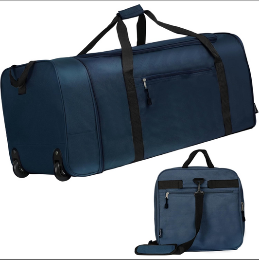 CSD01DBWR090LBU90L Foldable Rolling Duffel Bag with 2 Wheels, Light Weight Travel Duffel bag with Large Loading Capacity, 34 inch Rolling Duffel bag with Shoulder Strap for Travel Camping Sports, Dark Blue