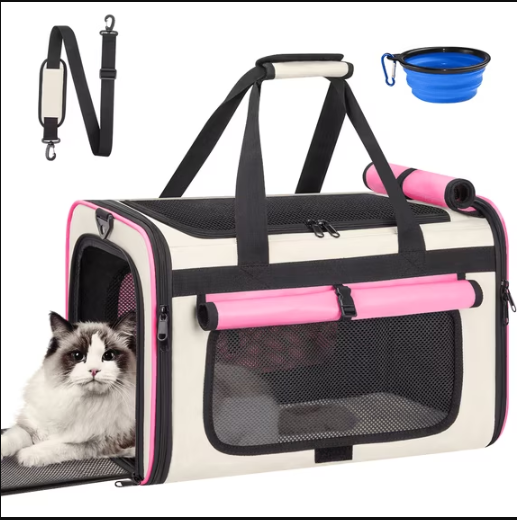 CshidWorld Collapsible Cat Carrier Pet Carrier for Large Cats (up to 25lbs), TSA Airline Approved Cats Carrier Soft Sided, Small Dog Travel Bag with a Bowl/Safety Leash-Pink