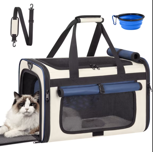 CshidWorld Collapsible Cat Carrier for Large Cats and Small Dogs up to 25lbs, TSA Airline Approved, Soft-Sided Travel Dog Carrier (Blue)