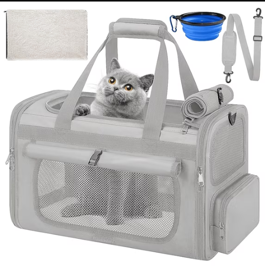 CshidWorld TSA Airline Approved Collapsible Cat Carrier for Large Cats and Small Dogs up to 25lbs, Soft-Sided Travel Dog Carrier (Gray)