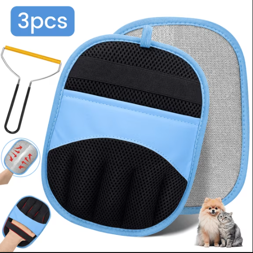 3Pcs Pet Hair Removal Glove – Upgraded Five-Finger Design, Reusable Electrostatic Dog & Cat Hair Remover for Furniture, Couch, Carpet and Laundry