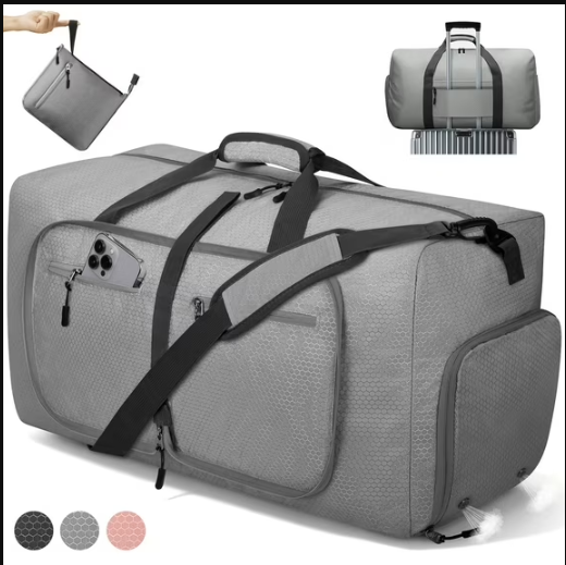 65L Large Durable Duffle Bag for Travel & Gym, Waterproof Tear-Resistant Duffel Bag with Shoes Compartment, Foldable Travel Bag for Men & Women (Gray)