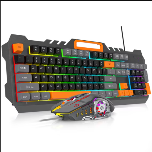 104-Key Gaming Keyboard and Mouse Combo, Rainbow RGB Backlit Keyboard and Mouse Wired with Metal Panel for PC Windows, Black