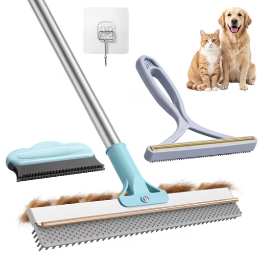 Carpet Rake for Pet Hair Removal Tool, Dog and Cat Hair Remover Broom with 54 inch Adjustable Long Handle, Dual Sided Silicone and Metal Carpet Scraper for Rug, Couch, Furniture, 3 Pack