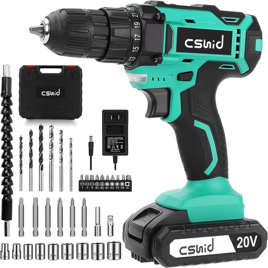 CSD02CEDS0000GN 20V Cordless Drill, Electric Power Drill Set with 1 Battery & Charger, 3/8" Keyless Chuck, 2 Variable Speed & LED Light, 266 in-lb Torque, 25+1 Position and 34pcs Drill/Driver Bits