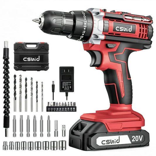 CSD02CEDS0000RD 20V Cordless Drill, Electric Power Drill Set with 1 Battery & Charger, 3/8" Keyless Chuck, 2 Variable Speed & LED Light, 266 in-lb Torque, 25+1 Position and 34pcs Drill/Driver Bits(Red)
