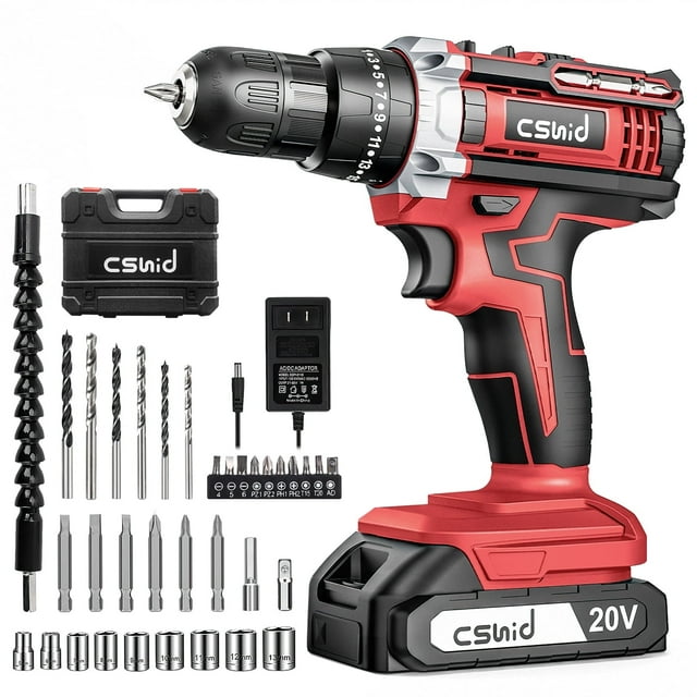CSD03CEDS002CRD 20V Cordless Power Drill Set, Drill Kit with 2 Lithium-Ion & Charger, 3/8" Keyless Chuck, Electric Drill W/ 2 Variable Speed & LED Light, 25+1 Position and 34pcs Drill/Driver Bits(Red)