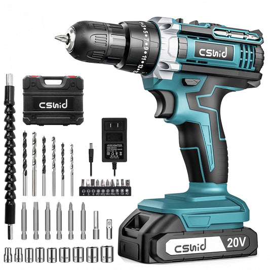 CSD03CEDS0000BU 20V Cordless Power Drill Set, Drill Kit with 1 Lithium-Ion & Charger, 3/8" Keyless Chuck, Electric Drill W/ 2 Variable Speed & LED Light, 25+1 Position and 34pcs Drill/Driver Bits