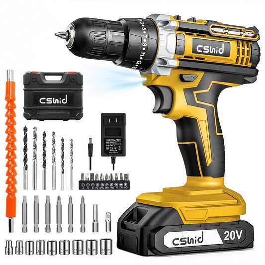 CSD03CEDS0000YE 20V Cordless Power Drill Set, Drill Kit with 1 Lithium-Ion & Charger, 3/8" Keyless Chuck, Electric Drill W/ 2 Variable Speed & LED Light, 25+1 Position and 34pcs Drill/Driver Bits