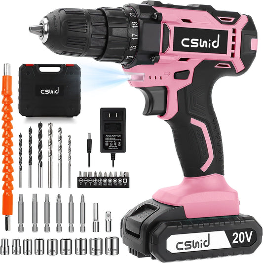 CSD03CEDS0000PK 20V Cordless Power Drill Set, Drill Kit with 1 Lithium-Ion & Charger, 3/8" Keyless Chuck, Electric Drill W/ 2 Variable Speed & LED Light, 25+1 Position and 34pcs Drill/Driver Bits