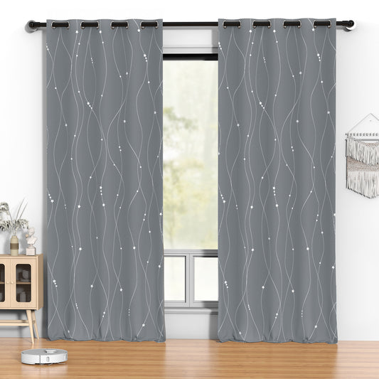Blackout Curtains 52 x 96 inch, Thermal Insulated Black Curtains Set of 2 Panels, Noise Reduce Room Darkening Drapes for Bedroom, Living Room, Privacy Protection & Energy Saving, Gray with Priting