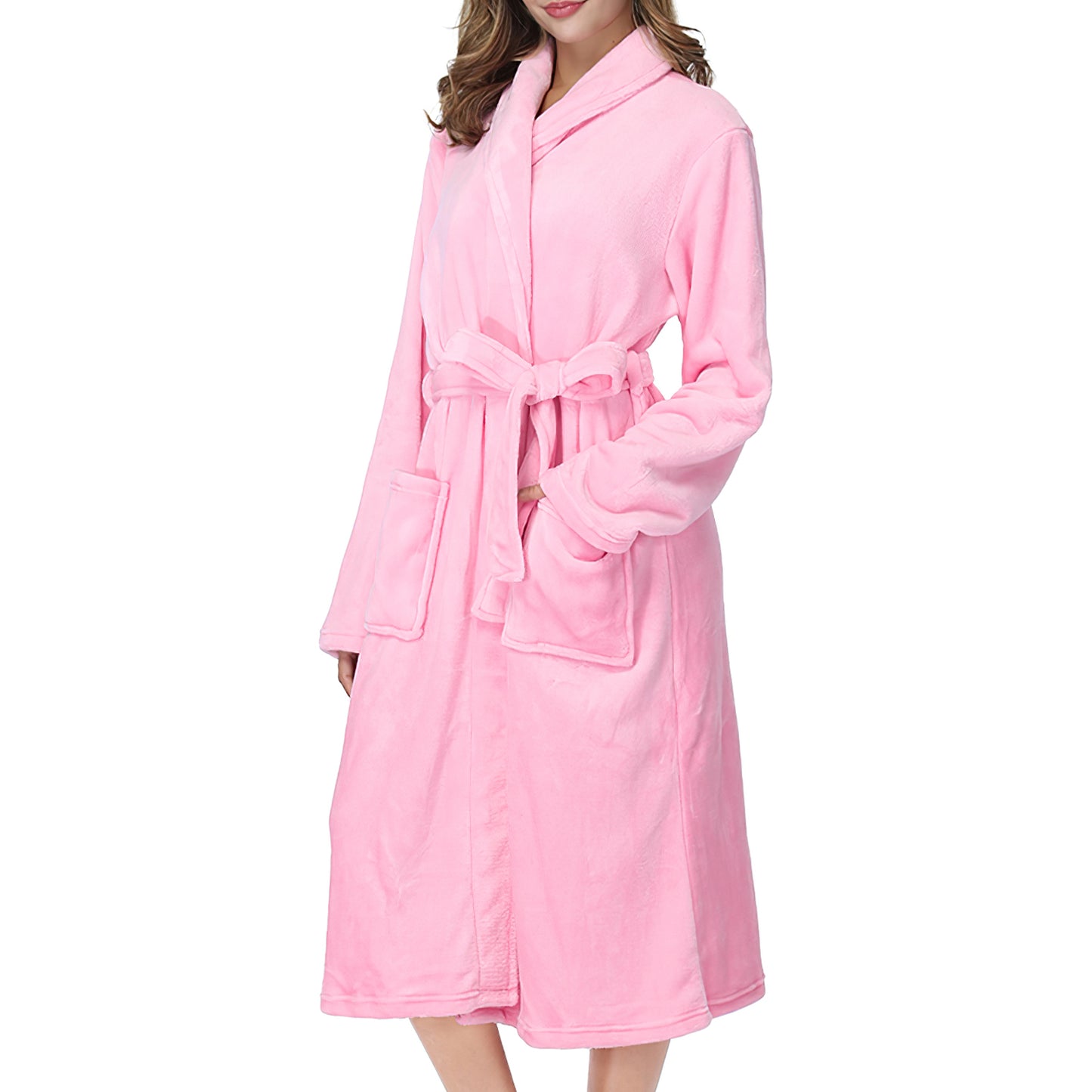 Robes for Women, Soft Fleece Women's Robe with Shawl Collar, Cozy Fluffy Long Bathrobes with Side Pockets, Female Robes for for Spa, Hotel Style at Home, Size M, Pink