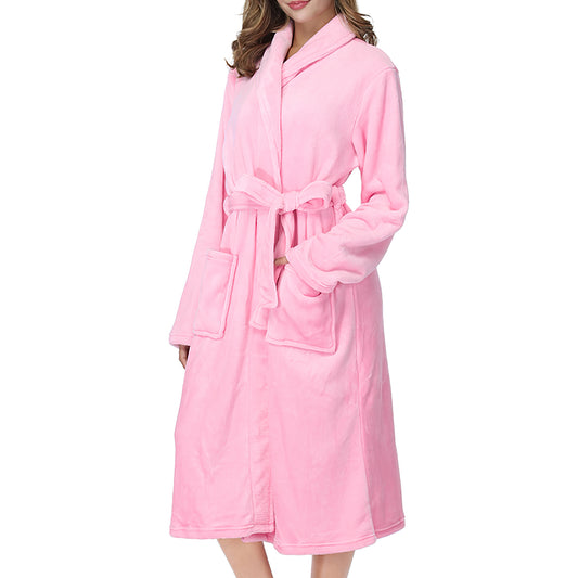 Robes for Women, Soft Fleece Women's Robe with Shawl Collar, Cozy Fluffy Long Bathrobes with Side Pockets, Female Robes for for Spa, Hotel Style at Home, Size L, Pink