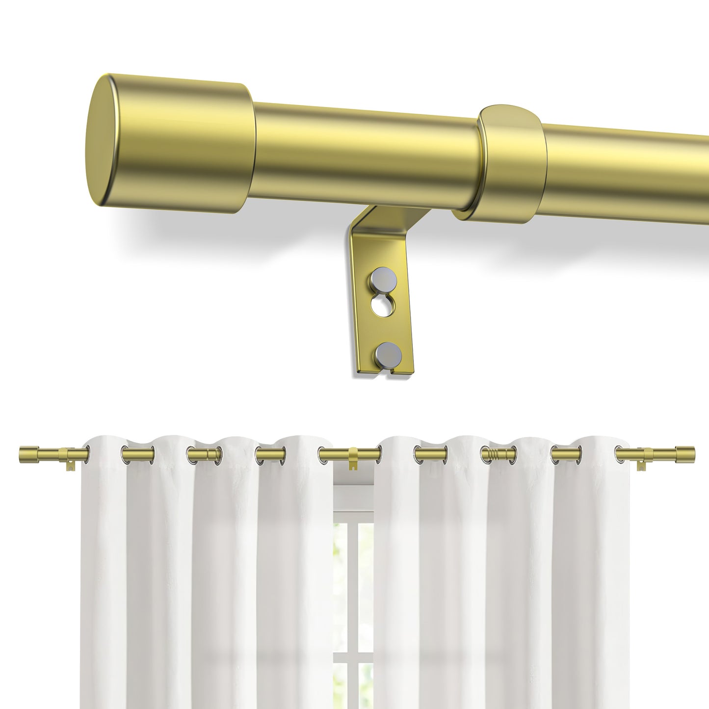 Curtain Rods, Single Curtain Rod for Windows 32 to 120 inch,1 inch Adjustable Brass Gold Curtain Rod Easy Installation with Modern Design, Decorative Long Drapery Rods with Brackets