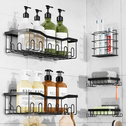 CSD01SWCD0005BL Shower Caddy, Bathroom Shower Shelves, 5 Pack Adhesive Shower Organizer, Wall Shelf for Shower Storage with Soap Dish, tootbrush Shelf &28 Hooks, Rustproof Stainless Steel No Drilling Rack Home Decor