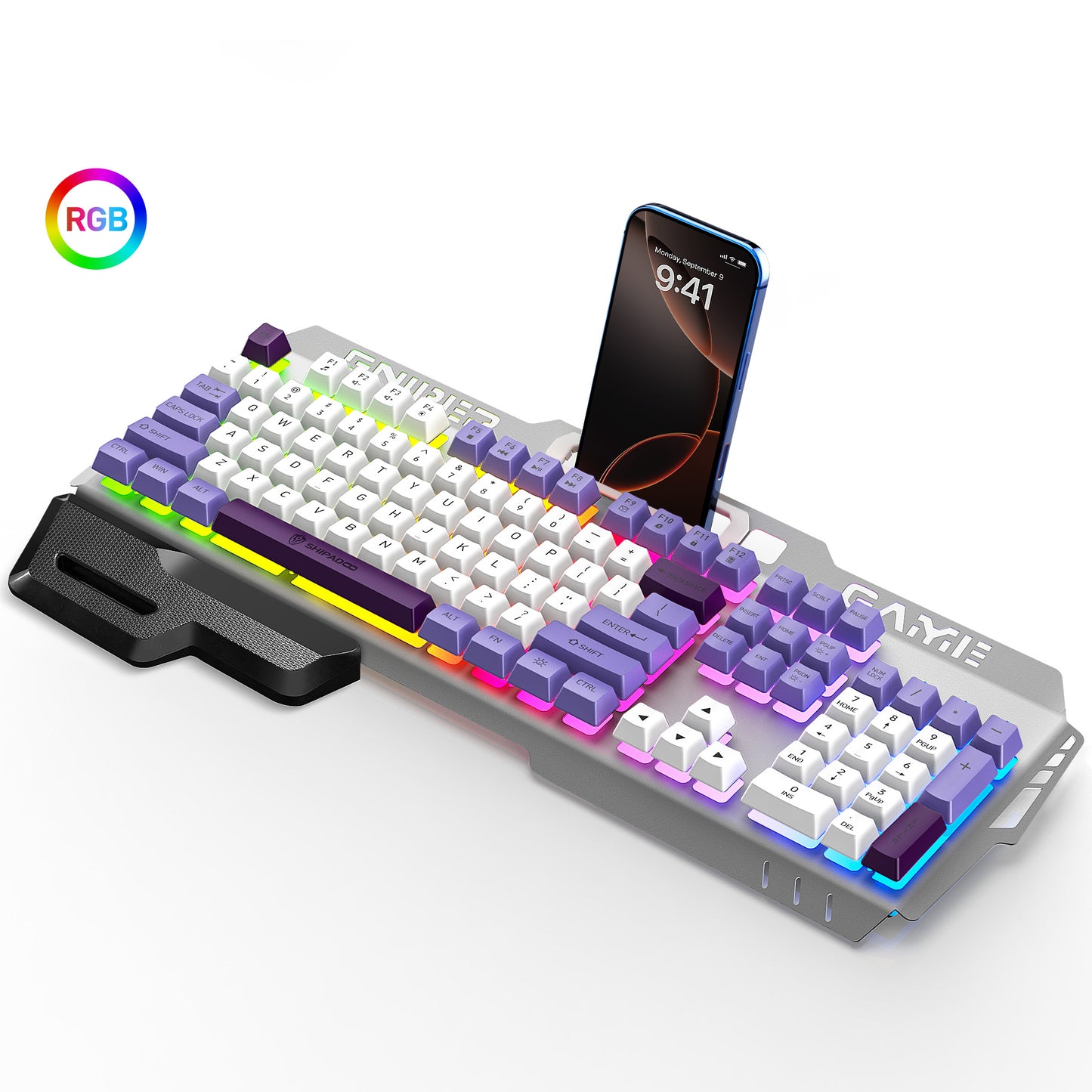 CSD01WGKBGK50PP 104 Keys RGB Light up Gaming Keyboard, All-Metal Panel & IPX3 Waterproof with Detachable Wrist Rest - USB Wired Computer Keyboard for Windows PC Gamer, Purple & White