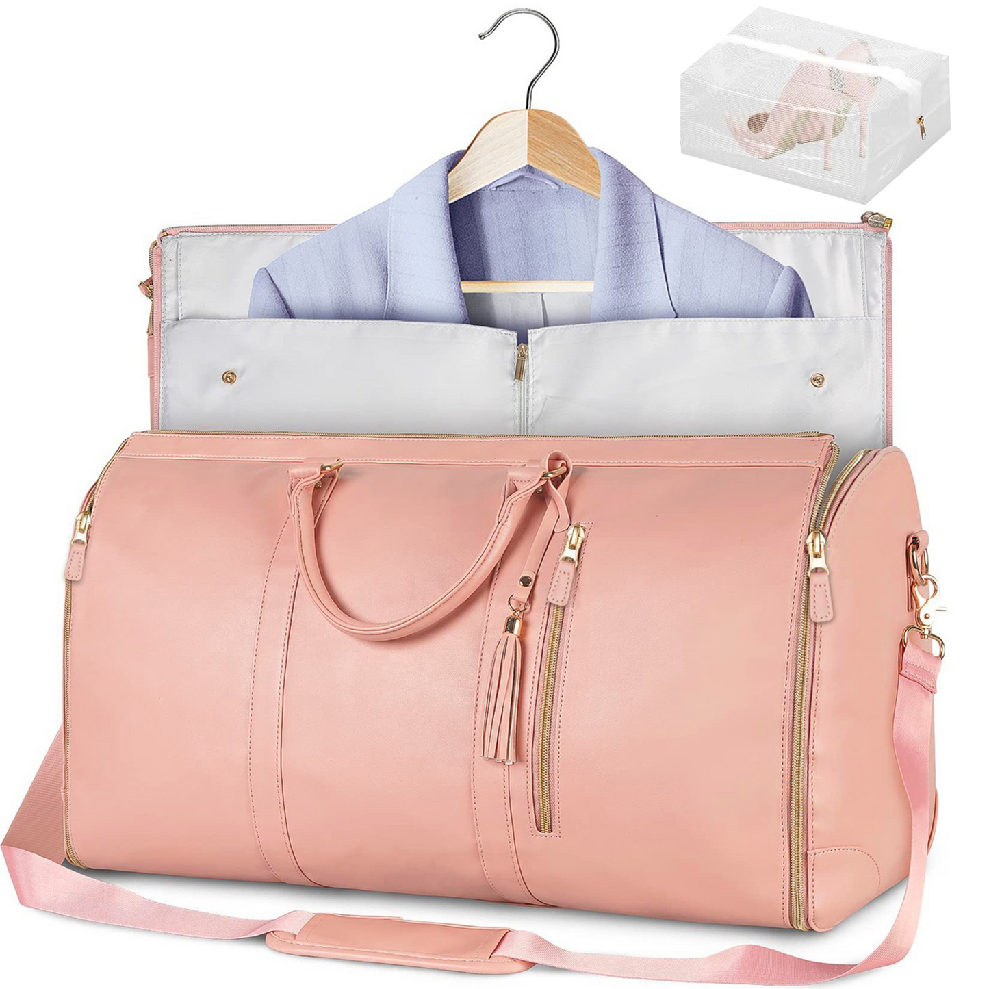 CSD02LGDB0000PKConvertible Garment Bag for Travel - Carry On Garment Bags With Shoes Bag, Foldable Large Weekender Bag for Men Women 2 in 1 Hanging Suitcase Suit Duffel Overnight Bags 2pcs Set, Pink