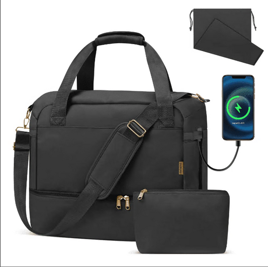 CSD02TDOB0000BK3 Pcs Set Travel Duffel Bag for Women, Weekender Overnight Bags with Shoe Compartment & Wet Pocket, Carry On Tote Bag Gym Duffel Bag with Shoes Bags for Hospital, Large Size, Black